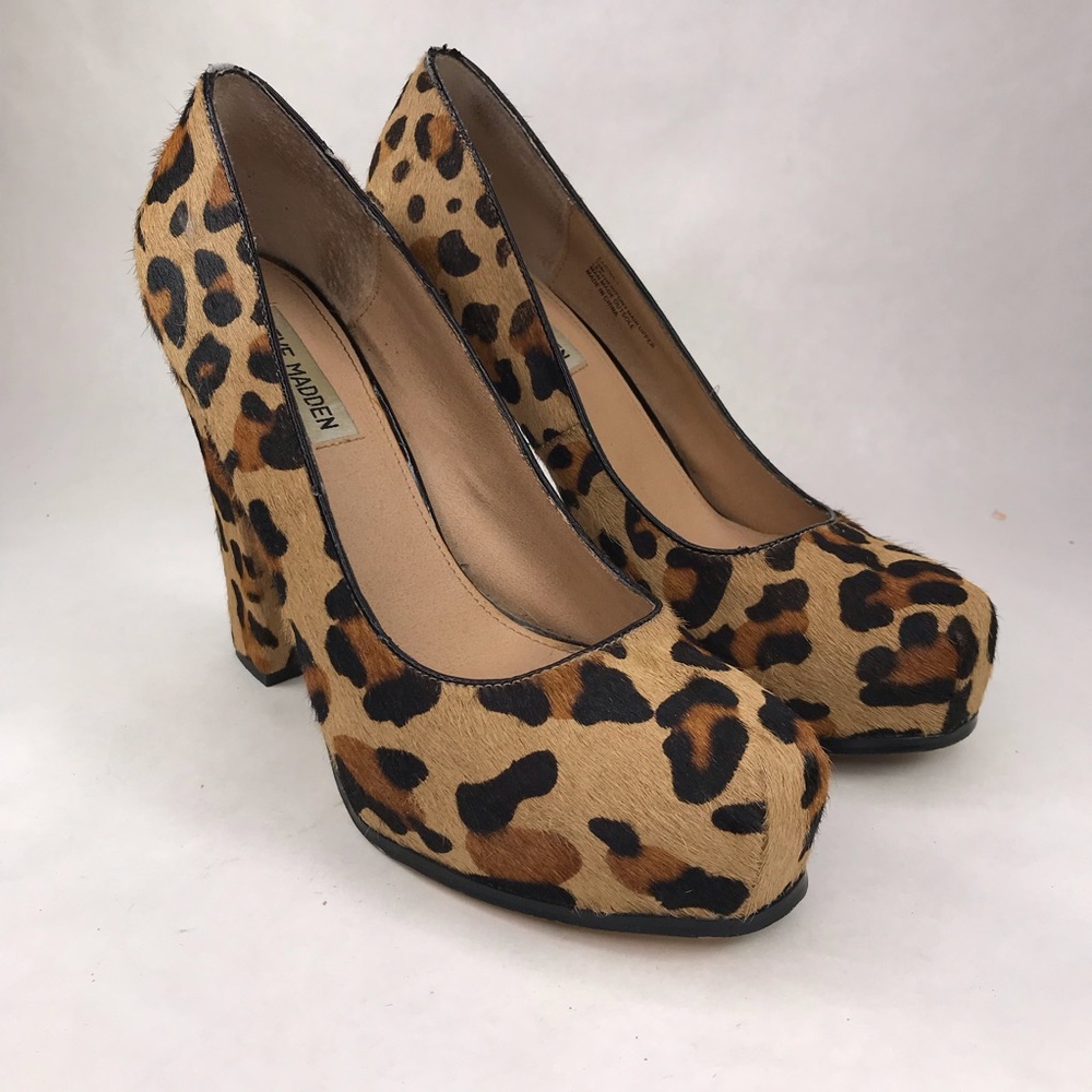 Steve Madden Women's 10 Cheetah Print Cows Hair Leather Platform Pumps Heels